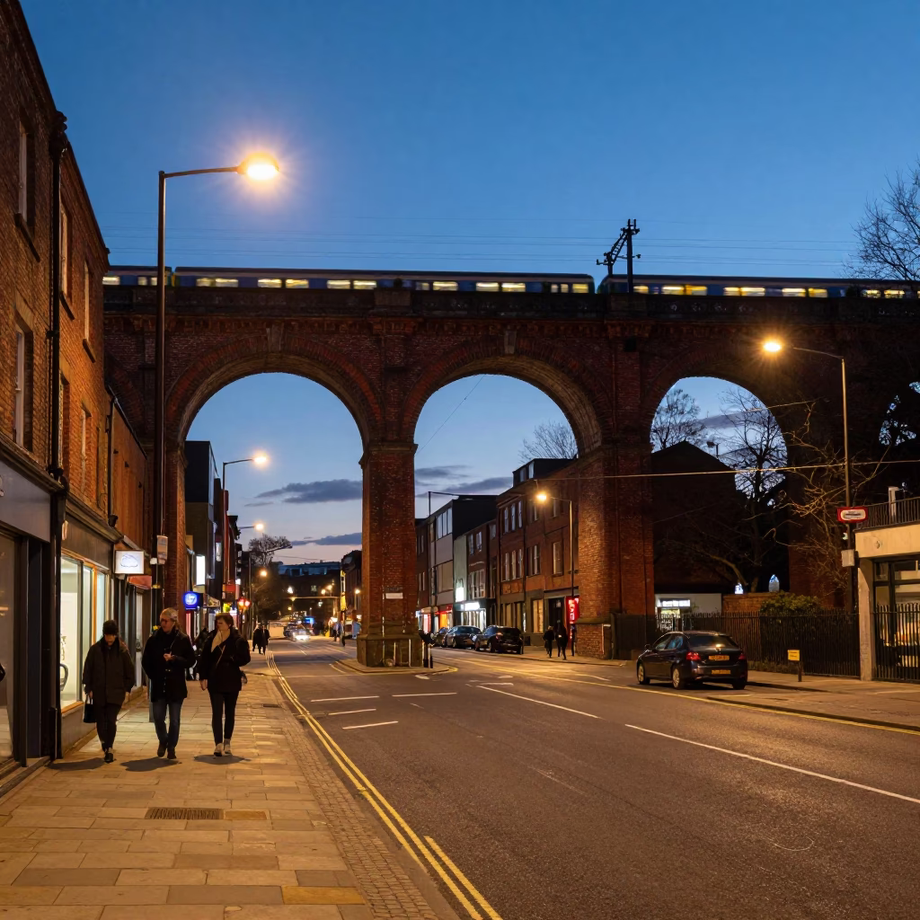 Bristol Evening Street Scene with Railway Viaduct and Urban Life in in Bristol, United Kingdom