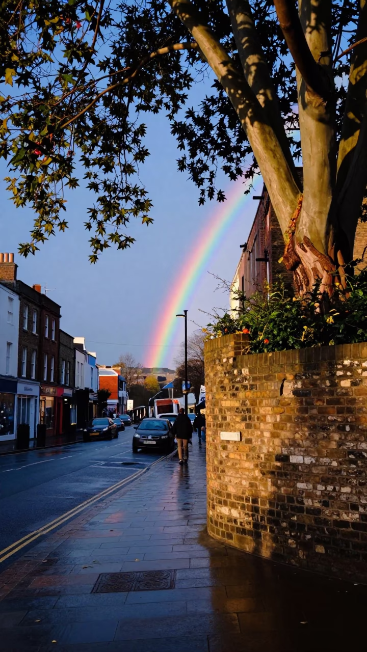 Bristol Evening Street Scene with Rainbow Eucalyptus and Urban Details in in Bristol, United Kingdom