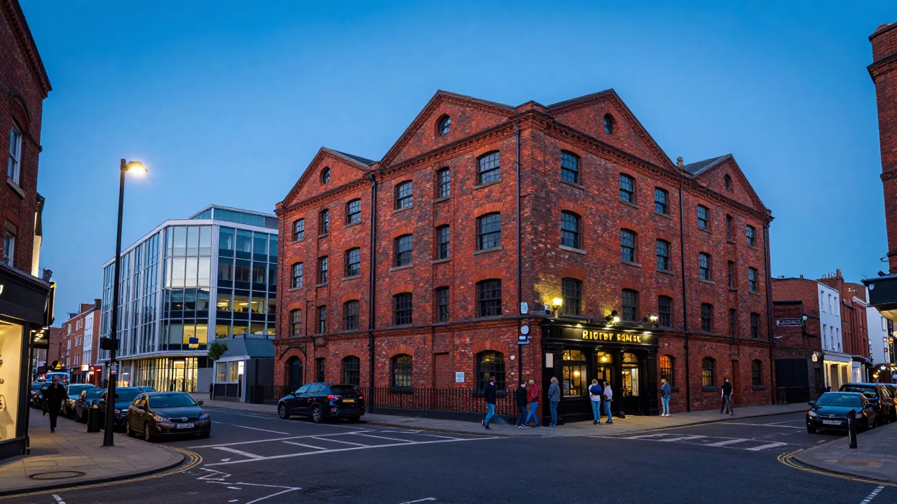 Bristol Evening Street Scene with Red Brick Buildings and Urban Life in in Bristol, United Kingdom