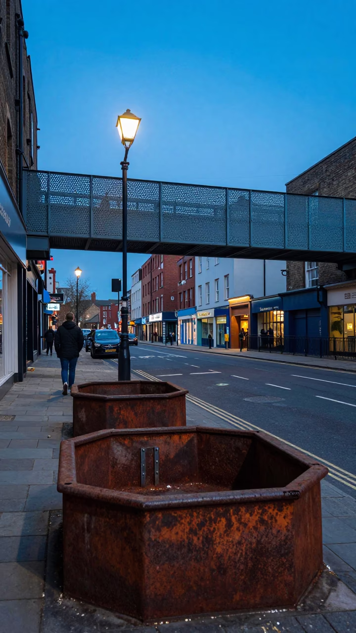 Bristol Evening Street Scene with Rusty Basin and Pedestrian Overpass in in Bristol, United Kingdom