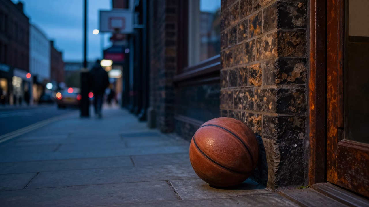 Bristol Evening Street Scene with Rusty Frames and Leather Basketball in Last Blue Light in in Bristol, United Kingdom