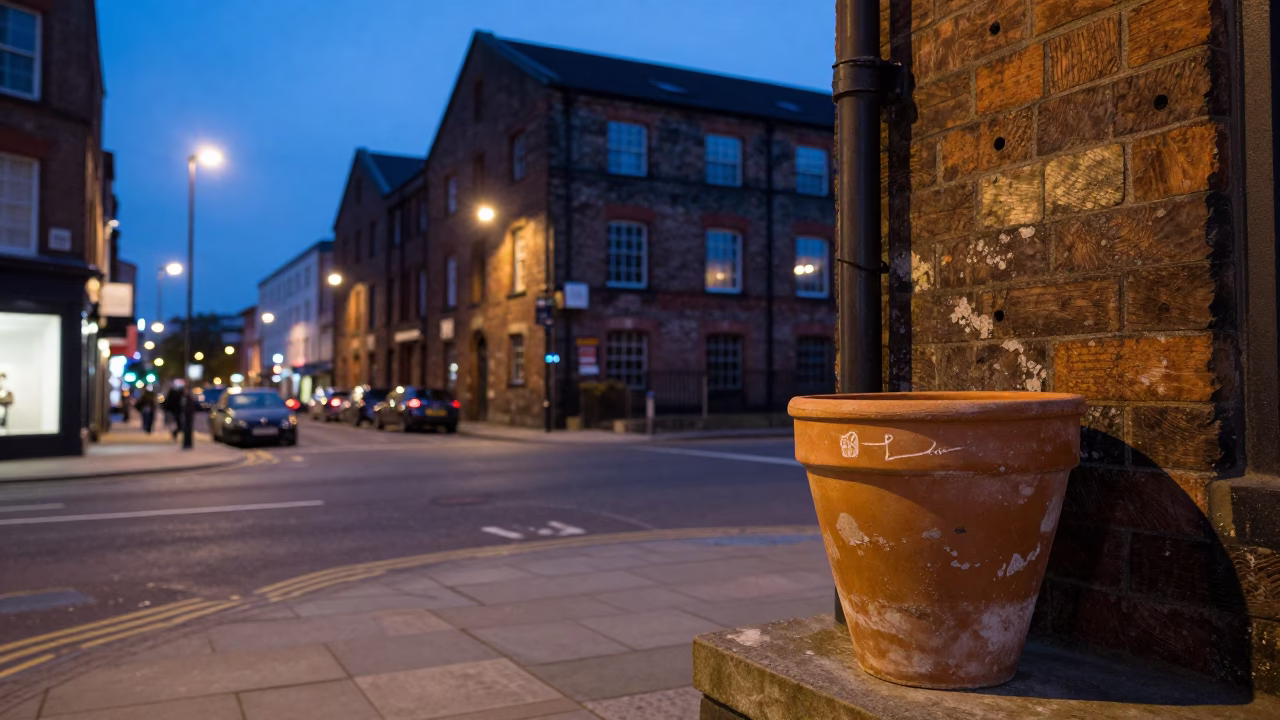 Bristol evening street scene with terracotta pot and warehouse district lights in in Bristol, United Kingdom
