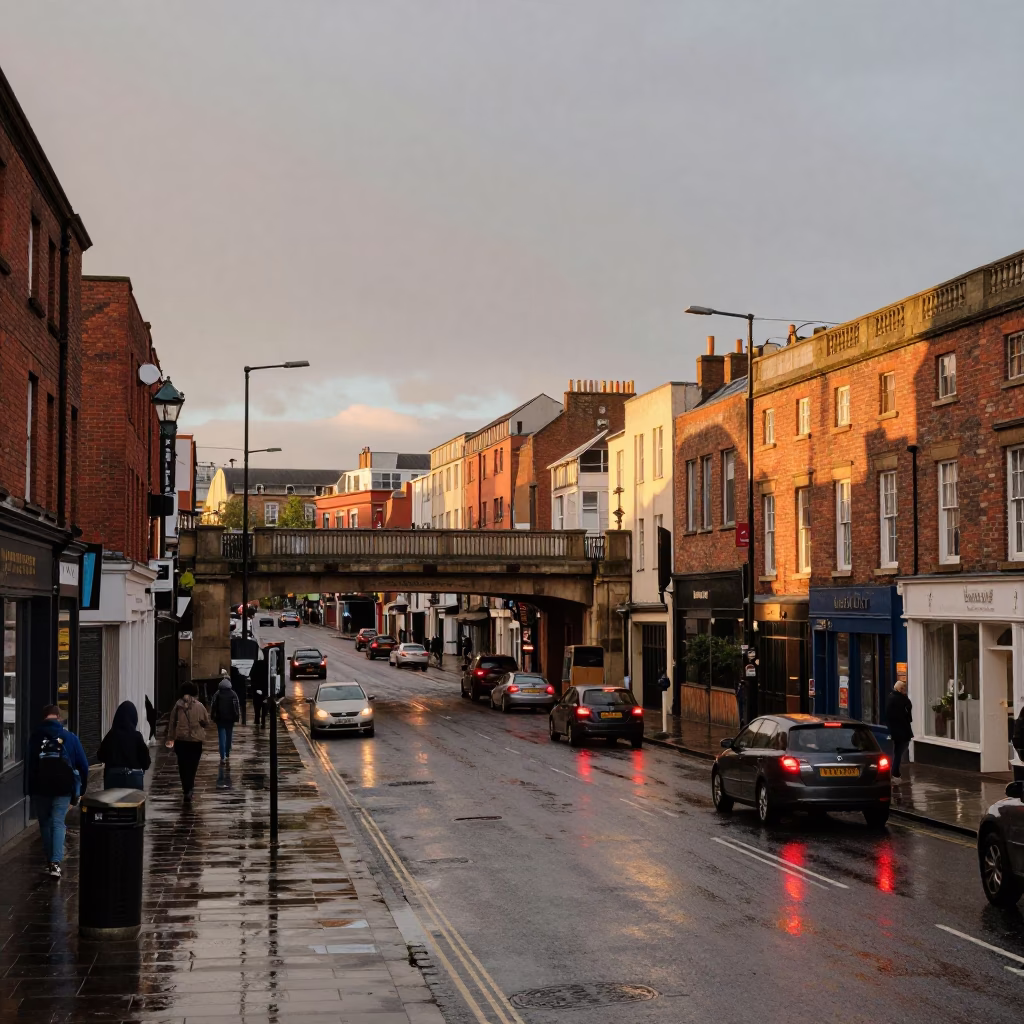 Bristol evening street scene with vintage cars and overpass interchange after rain in in Bristol, United Kingdom