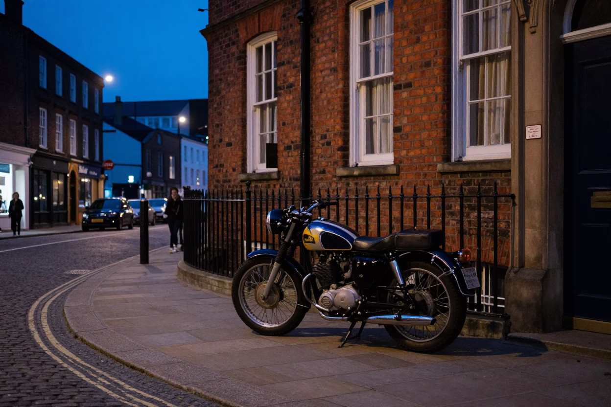 Bristol Evening Street Scene with Vintage Motorcycle and Urban Architecture in in Bristol, United Kingdom