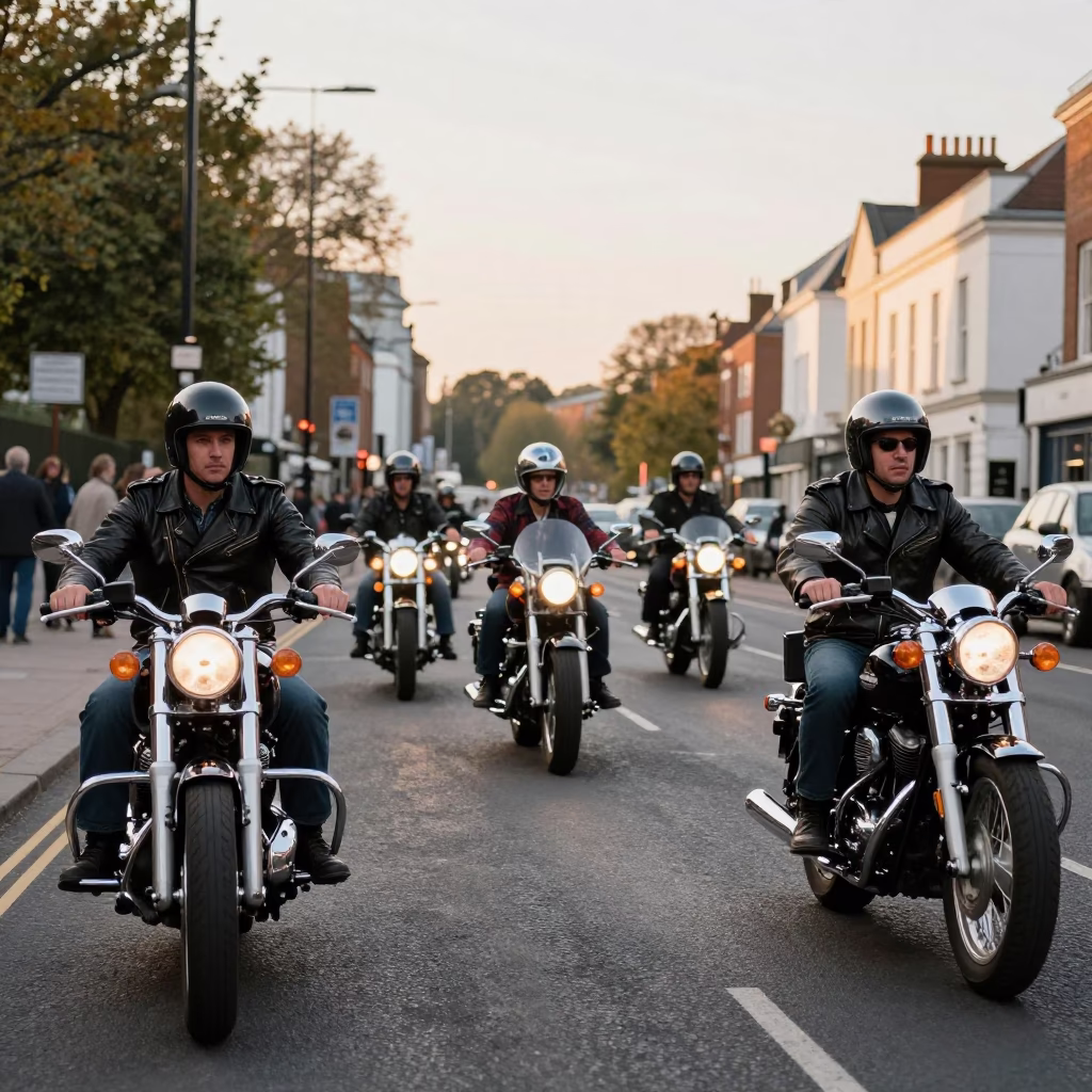Bristol Evening Street Scene with Vintage Motorcycle Convoy Passing Under Golden Light in in Bristol, United Kingdom