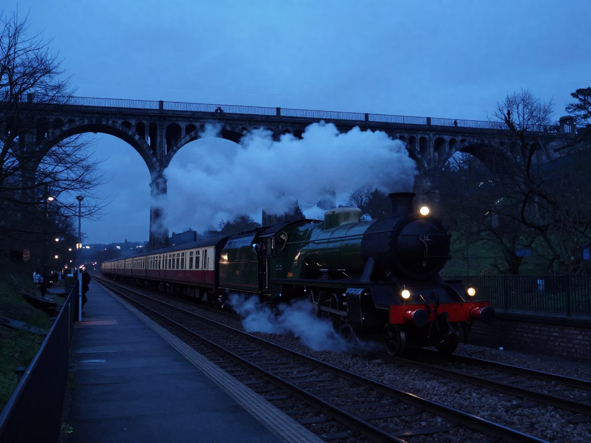 Bristol evening twilight railway viaduct with steam train crossing arches in in Bristol, United Kingdom
