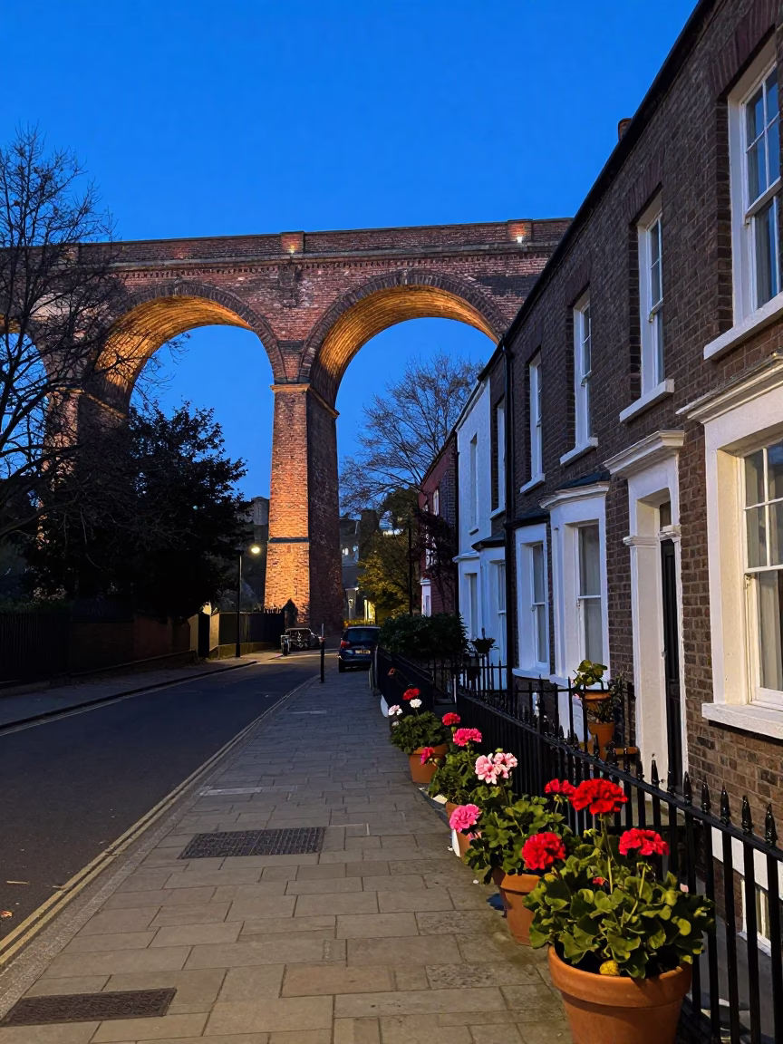 Bristol evening viaduct scene with potted geraniums and vintage street life in in Bristol, United Kingdom