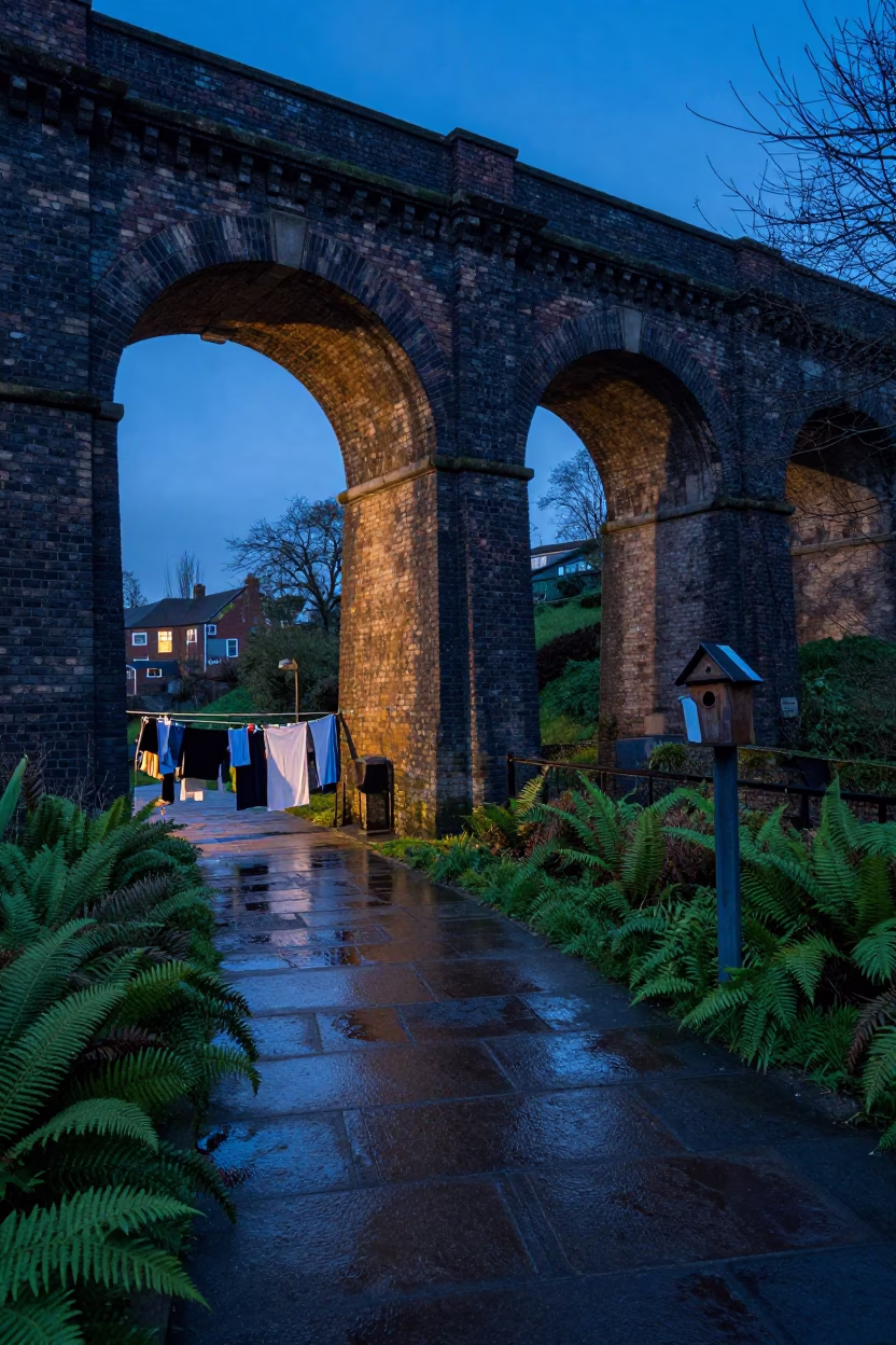 Bristol Evening Viaduct Undercroft Scene with Laundry and Birdhouse in in Bristol, United Kingdom