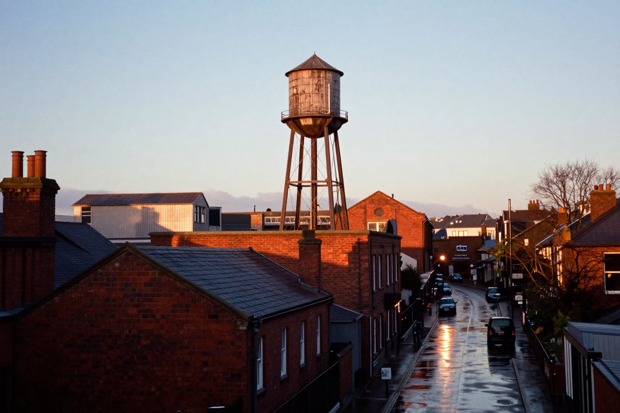 Bristol First Light Water Tower Rooftop Reflection and Urban Morning in in Bristol, United Kingdom