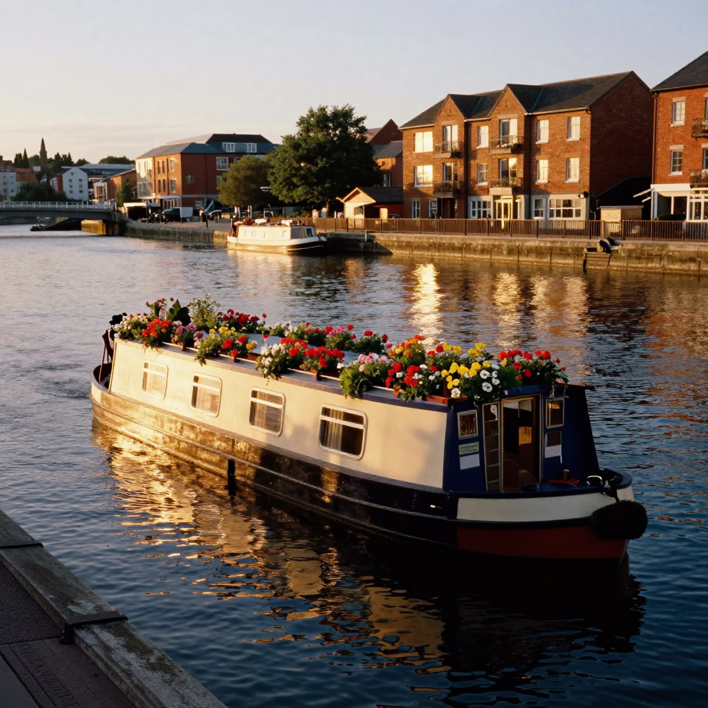 Bristol Floating Harbour Evening Scene with Houseboat Flower Garden and River Ferry in in Bristol, United Kingdom