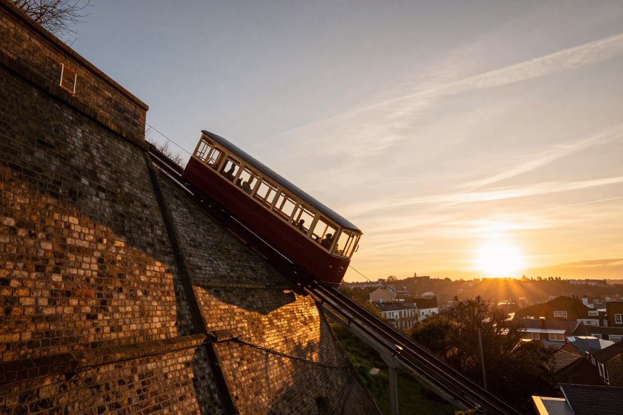 Bristol Funicular Railway Climbing Asylum Hill at Sunset with Victorian Architecture in in Bristol, United Kingdom