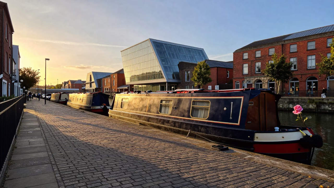 Bristol Golden Hour Street Scene Narrowboat Roses and Urban Landscape in in Bristol, United Kingdom