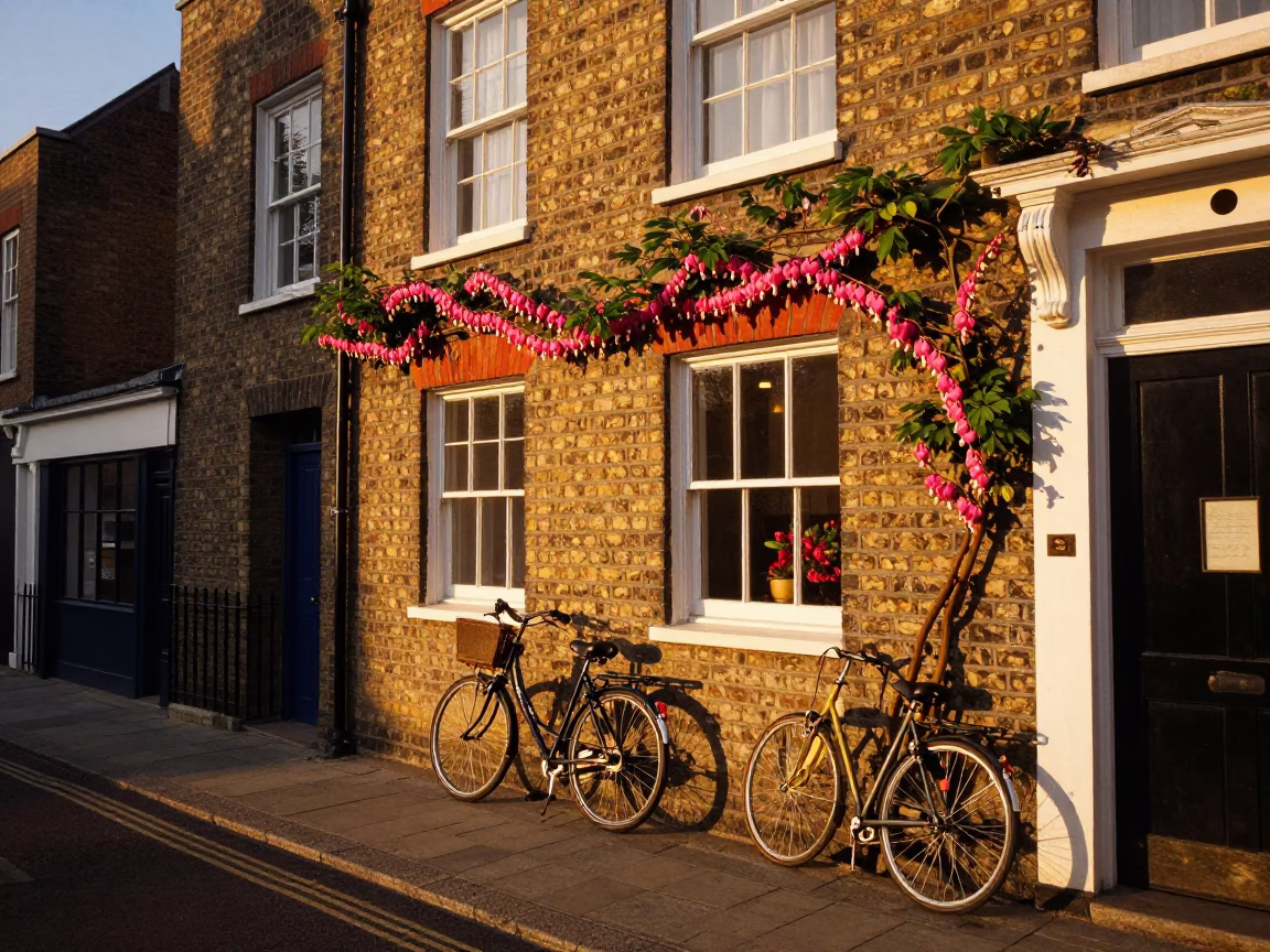 Bristol Golden Hour Street Scene with Bicycle and Bleeding Heart Vine in United Kingdom in in Bristol, United Kingdom