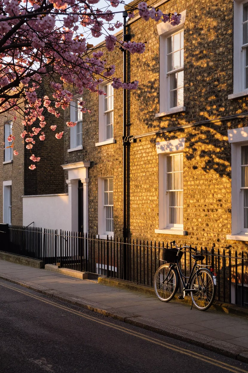 Bristol Golden Hour Street Scene with Cherry Blossoms and Vintage Bicycle in in Bristol, United Kingdom