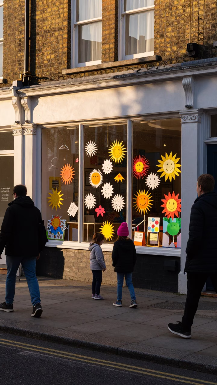Bristol Golden Hour Street Scene with Child and Preschool Window Display in in Bristol, United Kingdom
