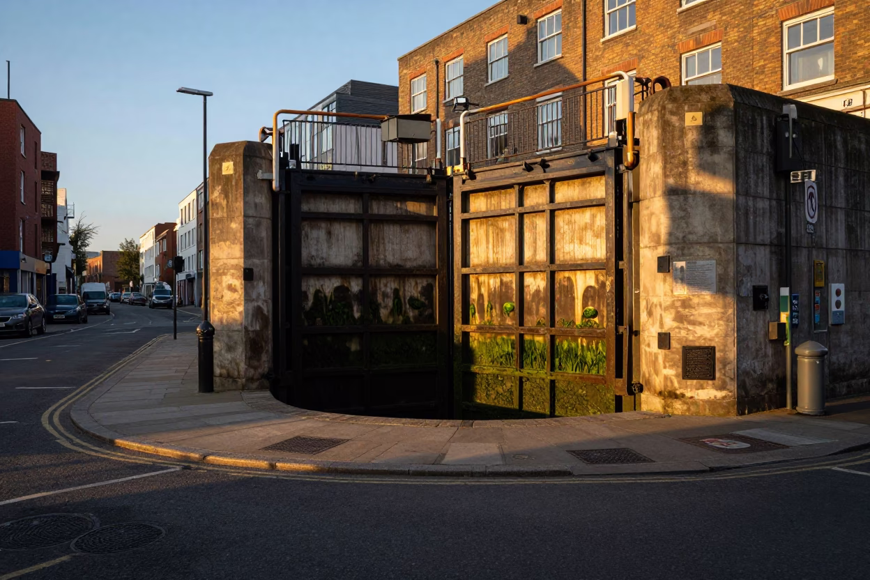 Bristol Golden Hour Street Scene with Floodgate Chamber and Urban Details in in Bristol, United Kingdom