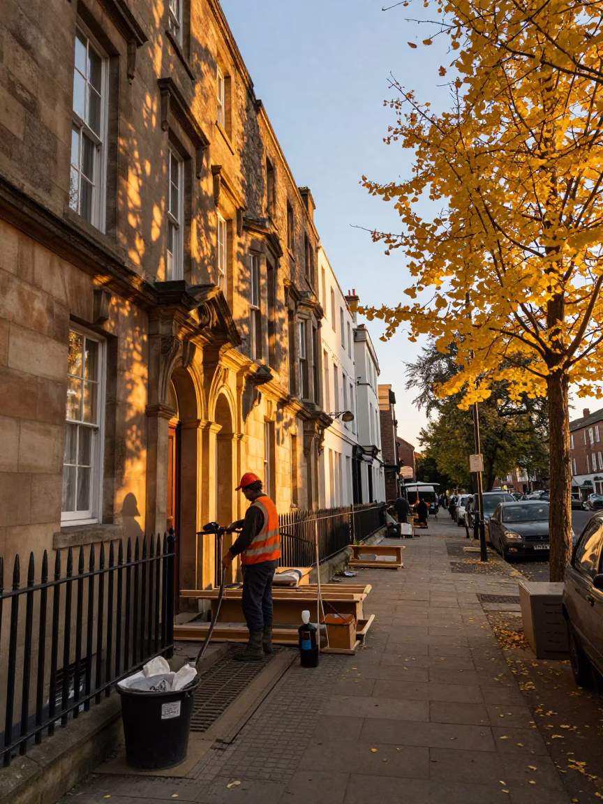 Bristol Golden Hour Street Scene with Mason Mortaring Stone and Ginkgo Leaves in in Bristol, United Kingdom
