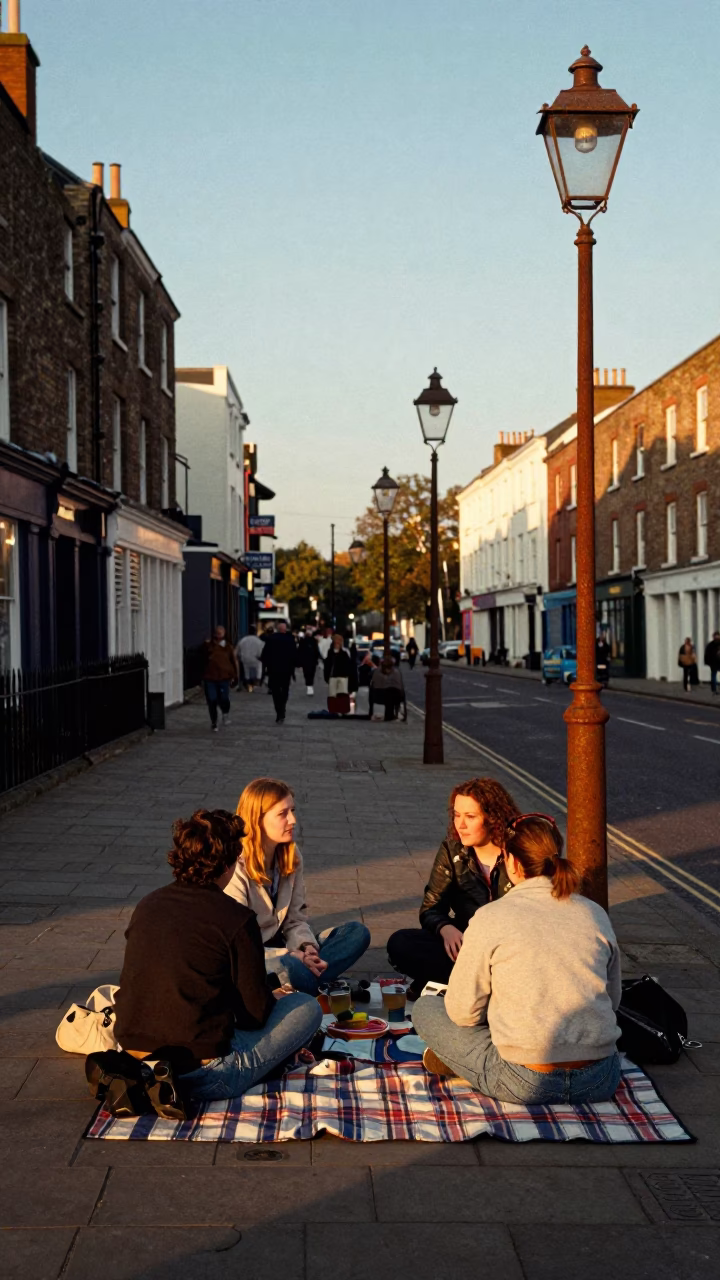 Bristol Golden Hour Street Scene with Rusty Lamp and Picnic Blanket in in Bristol, United Kingdom