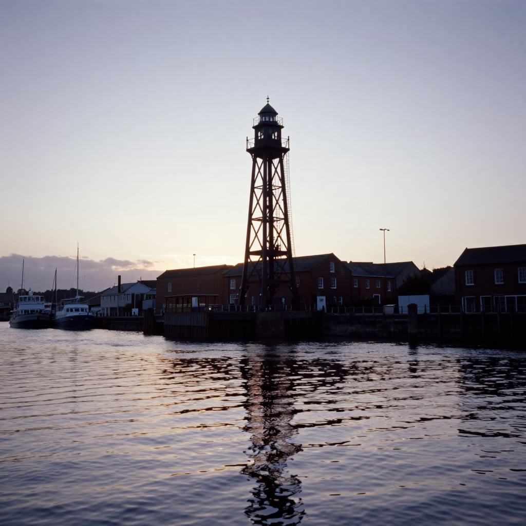 Bristol Harbor at Nautical Dawn with Drawbridge Counterweight Tower and Oil Slick Reflections in in Bristol, United Kingdom