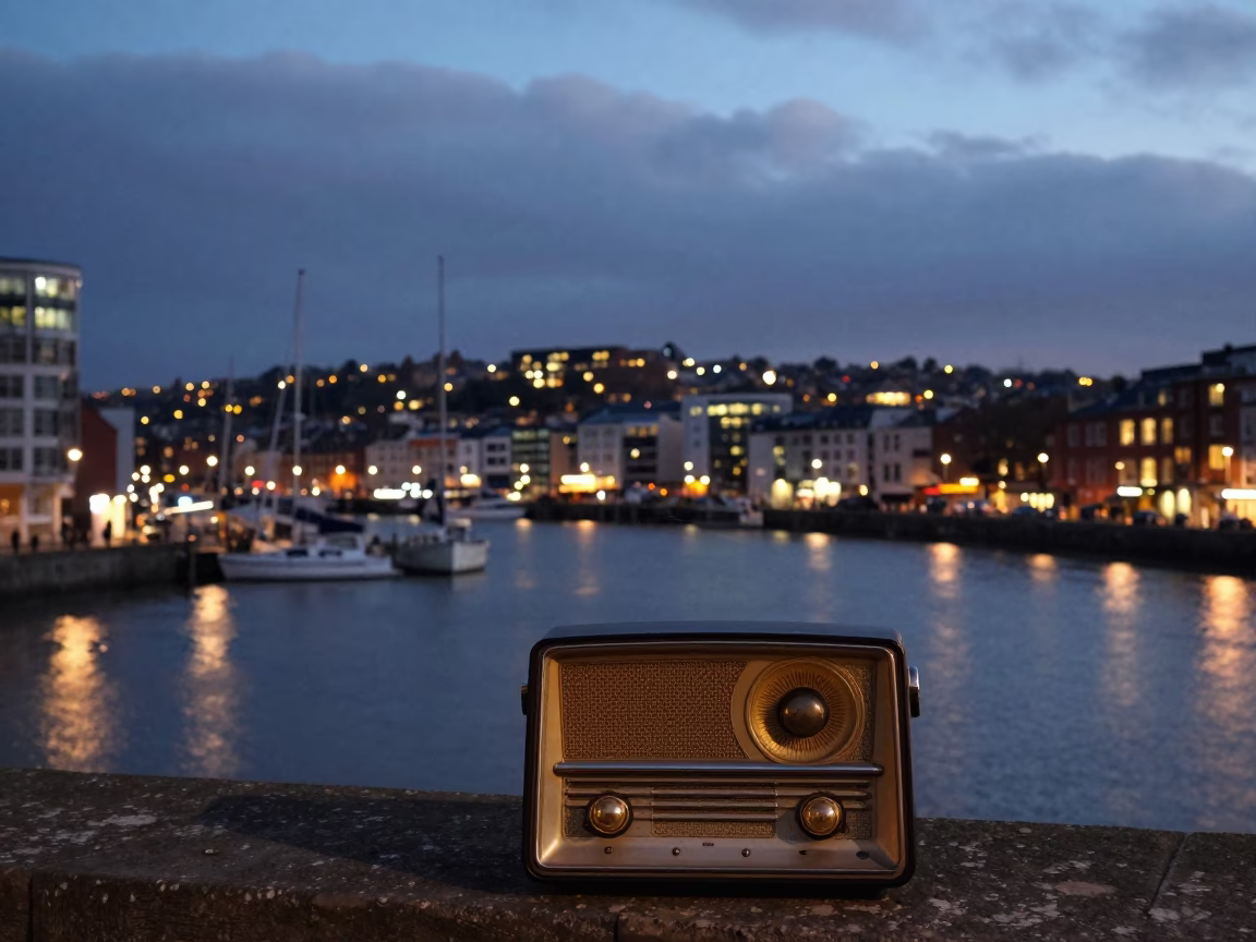 Bristol Harbor at Twilight with Vintage Radio and City Lights in in Bristol, United Kingdom