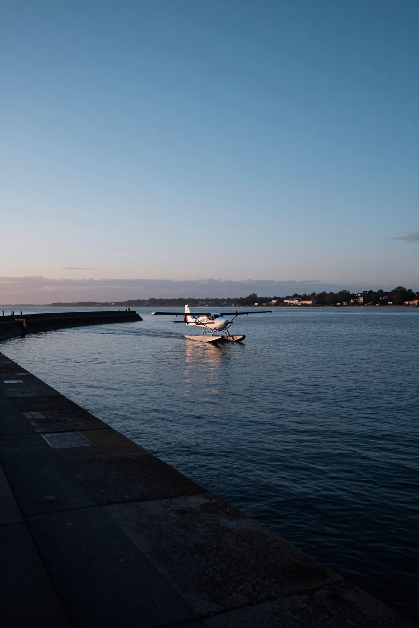 Bristol Harbor Breakwater at Nautical Dawn with Blue Hour Sky and Distant Seaplane in in Bristol, United Kingdom