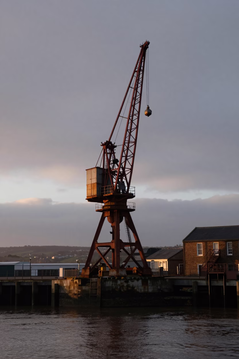 Bristol Harbor Crane Cage at Dawn with Sea Spray and Industrial Rust in in Bristol, United Kingdom