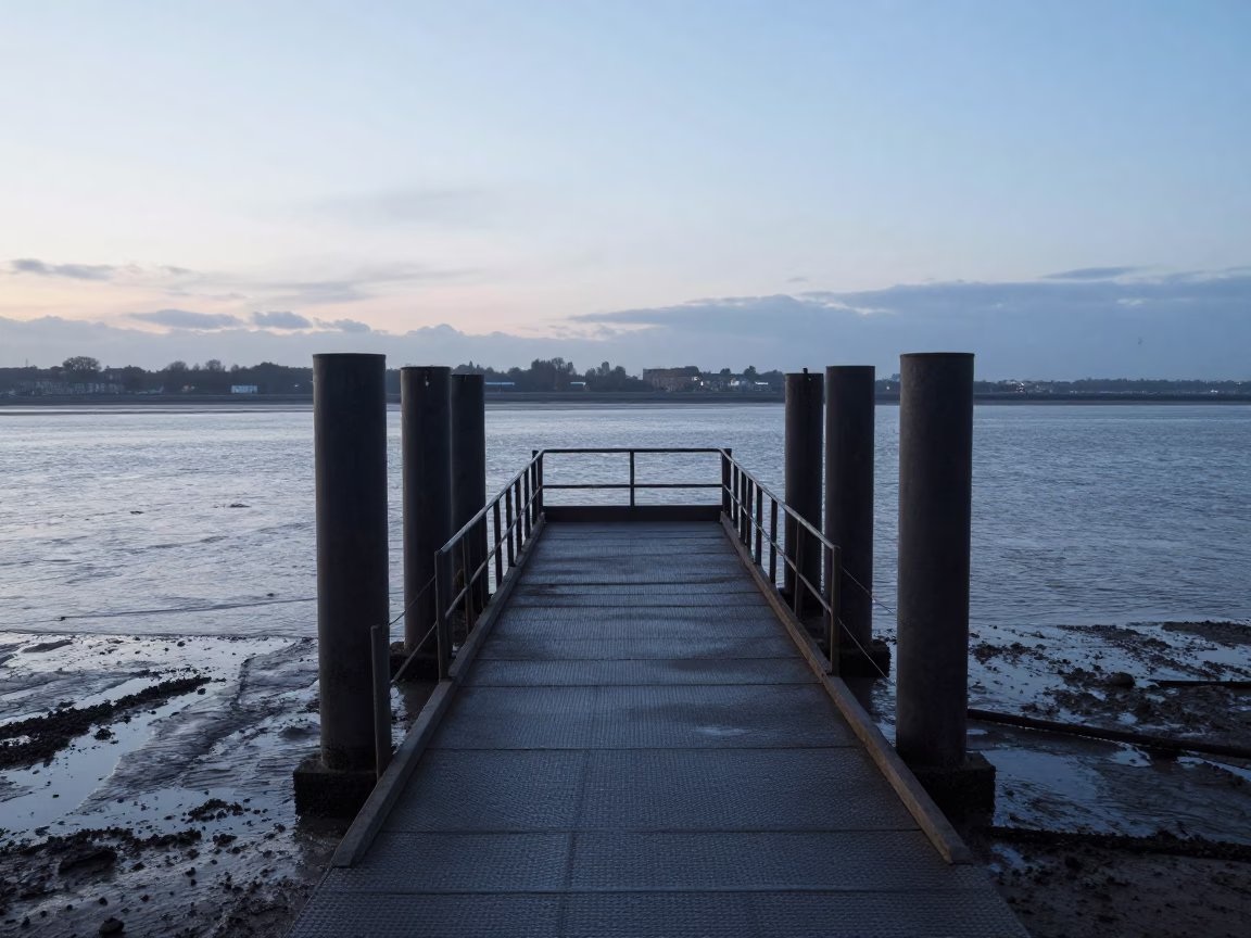 Bristol Harbor Dawn Ferry Ramp and Piling System at Low Tide in in Bristol, United Kingdom