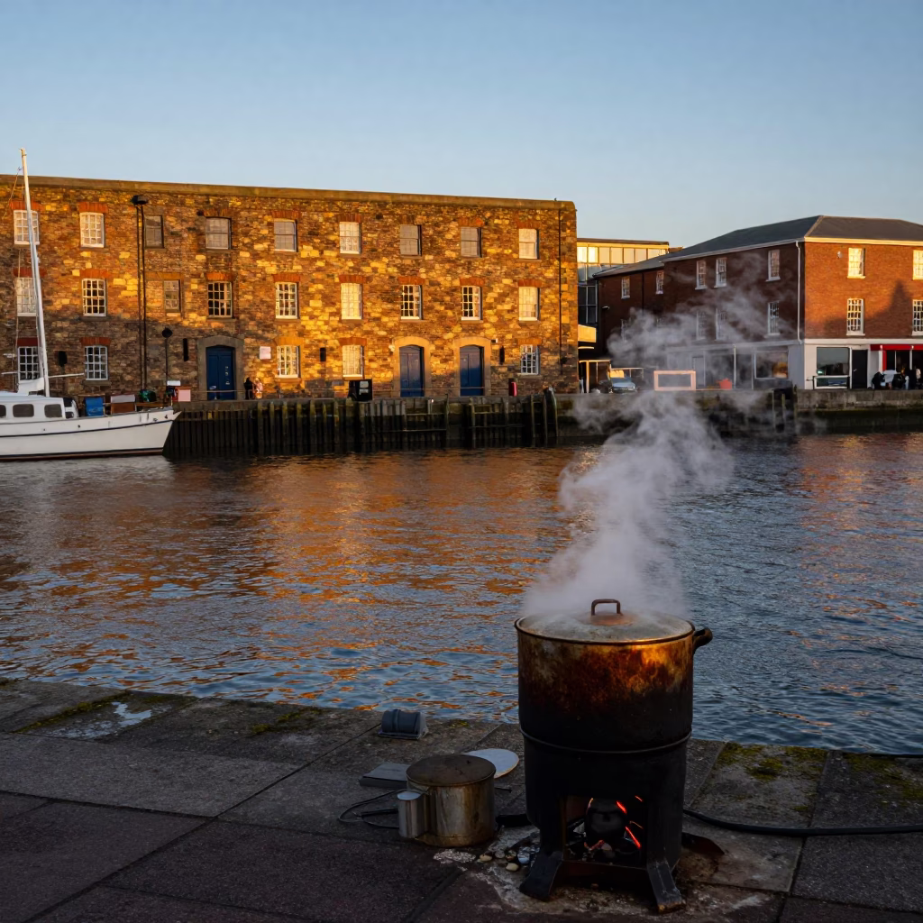 Bristol Harbor Evening Scene with Cooking Pot and Steam Haze at Dusk in in Bristol, United Kingdom