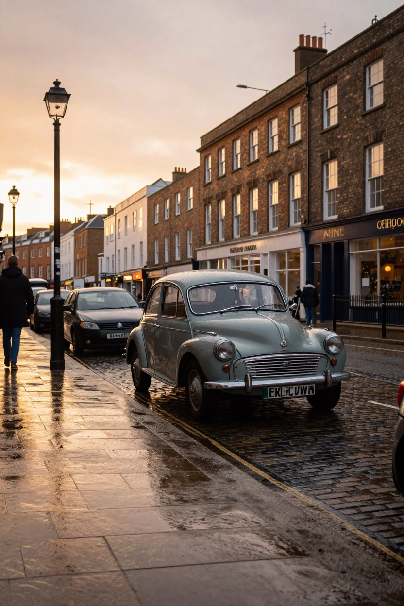 Bristol Harbor Evening Street Scene with Vintage Cars and Local Shop Display in in Bristol, United Kingdom