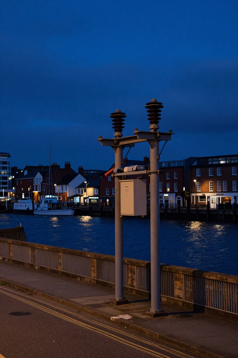 Bristol Harbor Indigo Twilight Street Scene with Substation Insulators and Local Life in in Bristol, United Kingdom