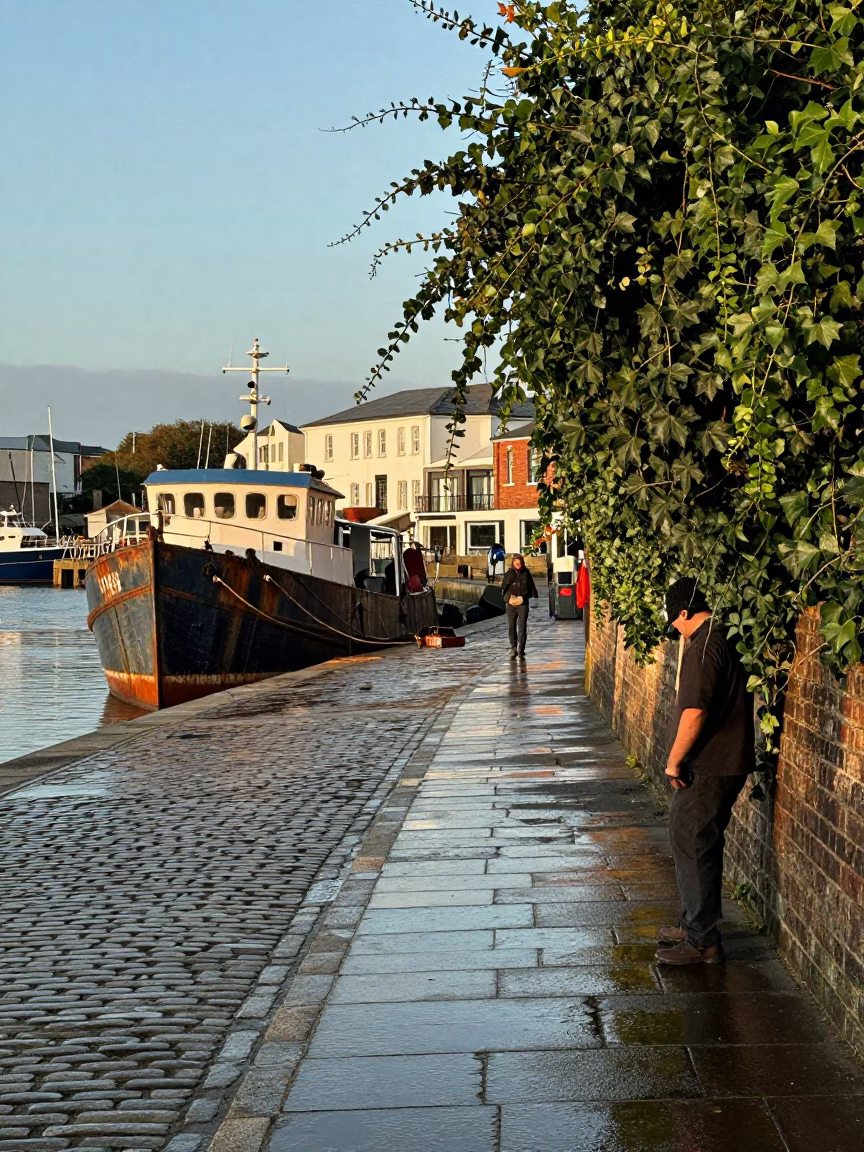 Bristol Harbor Late Afternoon Scene with Tiffin Tin and Vine Clipped by Dockworker in in Bristol, United Kingdom