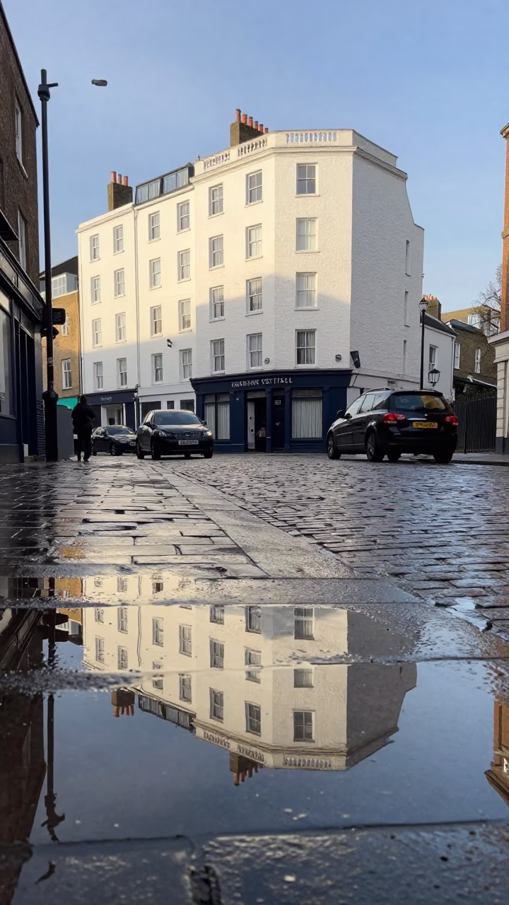 Bristol Harbor Late Morning Puddle Reflection Hotel Windows Tail Lights in in Bristol, United Kingdom