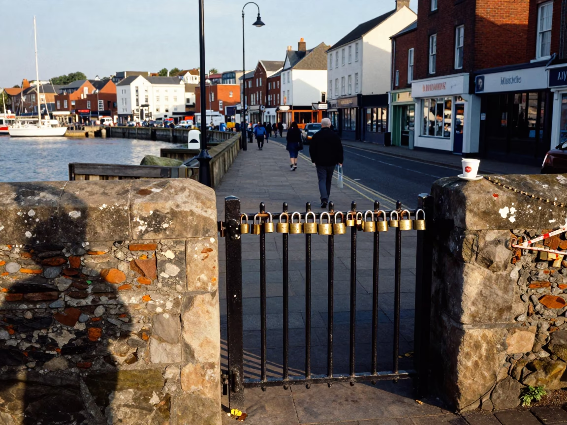 Bristol Harbor Street Scene with Padlock and Coffee Cup in Early Afternoon in in Bristol, United Kingdom