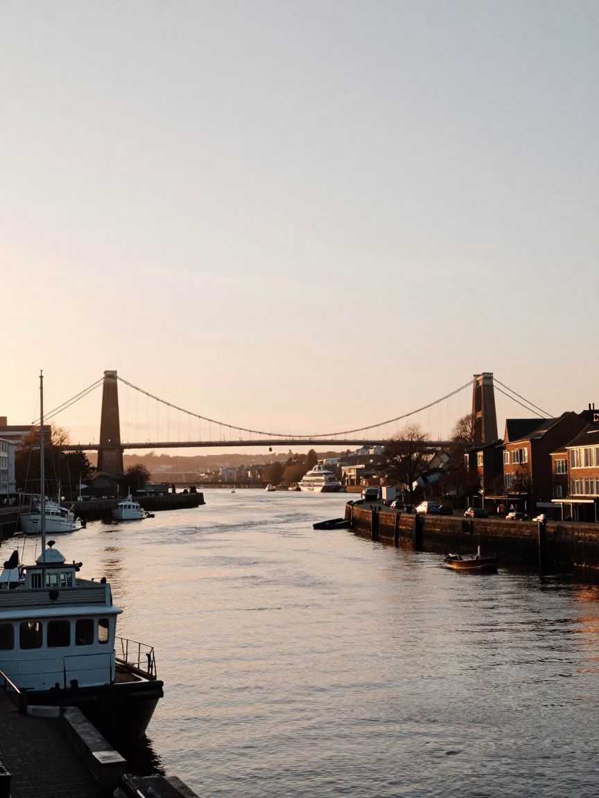 Bristol Harbor Sunrise with Clifton Suspension Bridge and Local Market Activity in in Bristol, United Kingdom