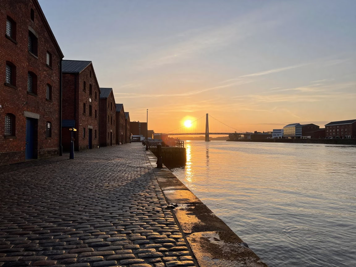 Bristol Harbor Sunset Bridge Pier Cutwater Splitting Flood Brown Current in in Bristol, United Kingdom