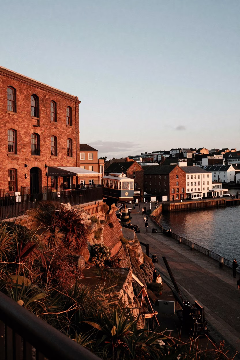 Bristol Harbor Sunset View with Funicular Railway and Victorian Architecture in in Bristol, United Kingdom
