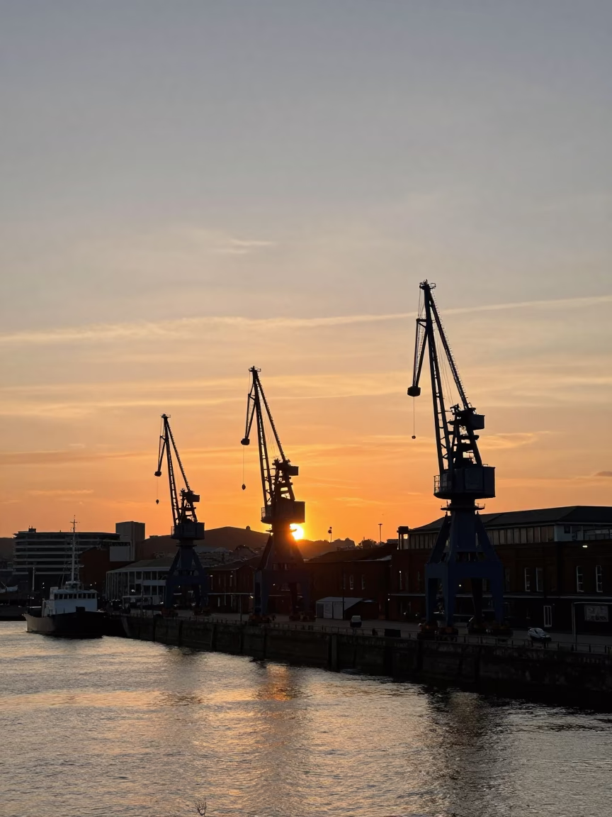 Bristol Harbor Sunset View with Historic Cranes and City Skyline in in Bristol, United Kingdom