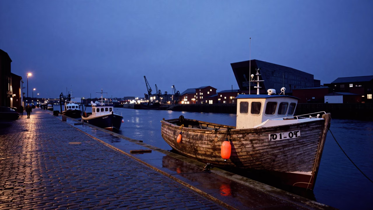 Bristol Harbor Twilight Scene with Fishing Floats and Industrial Architecture in in Bristol, United Kingdom