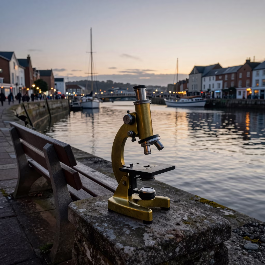 Bristol Harbour at Nautical Dawn with Vintage Brass Microscope on Stone Quayside in in Bristol, United Kingdom