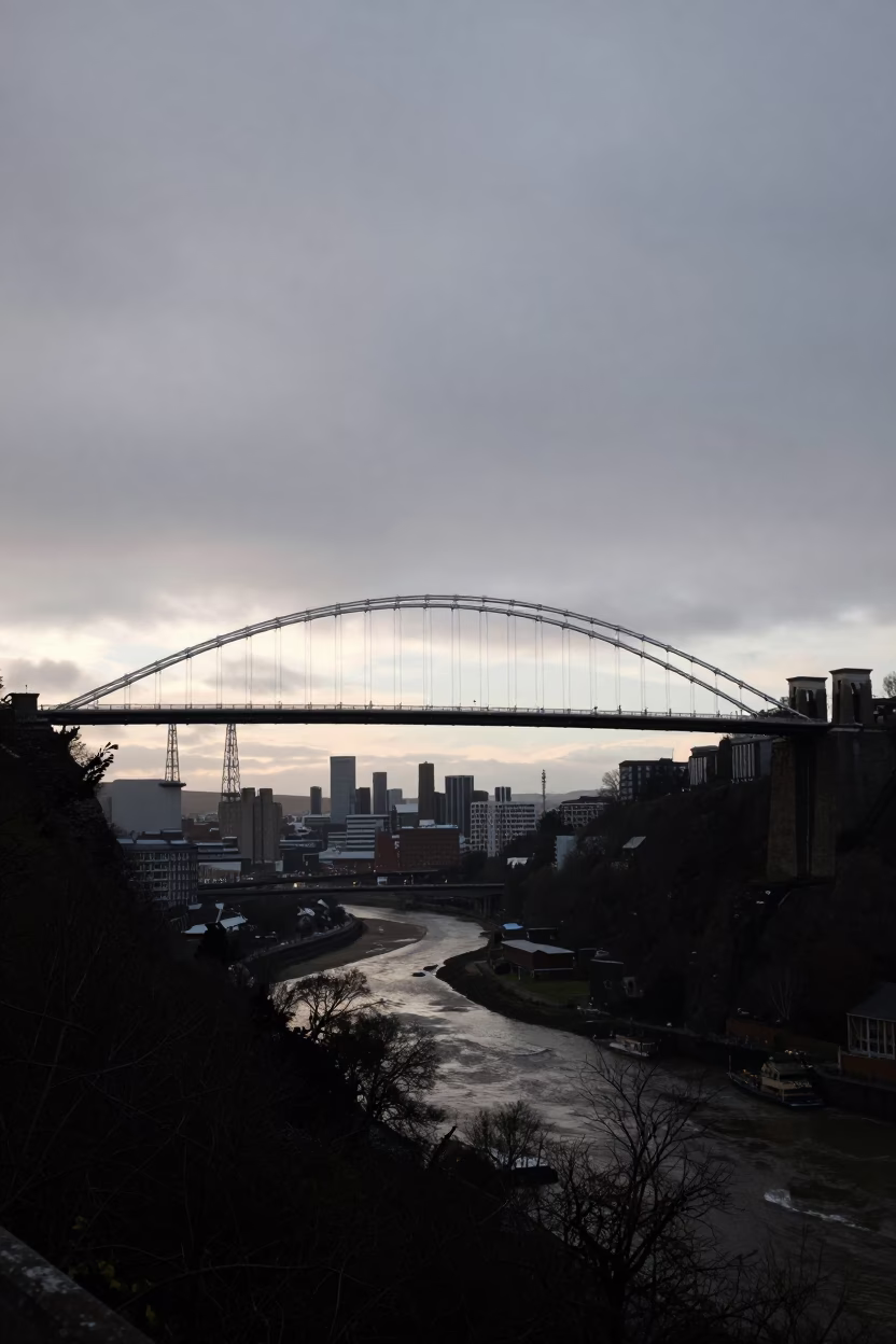 Bristol Harbour Bridge and Suspension Bridge at Nautical Dawn with Steam Train Viaduct View in in Bristol, United Kingdom