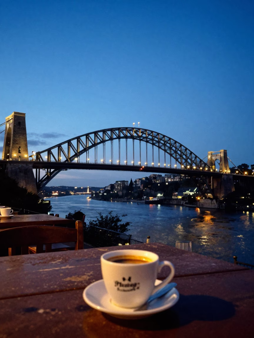 Bristol Harbour Bridge Illuminated at Blue Hour with Street Cafe Espresso Cup in in Bristol, United Kingdom