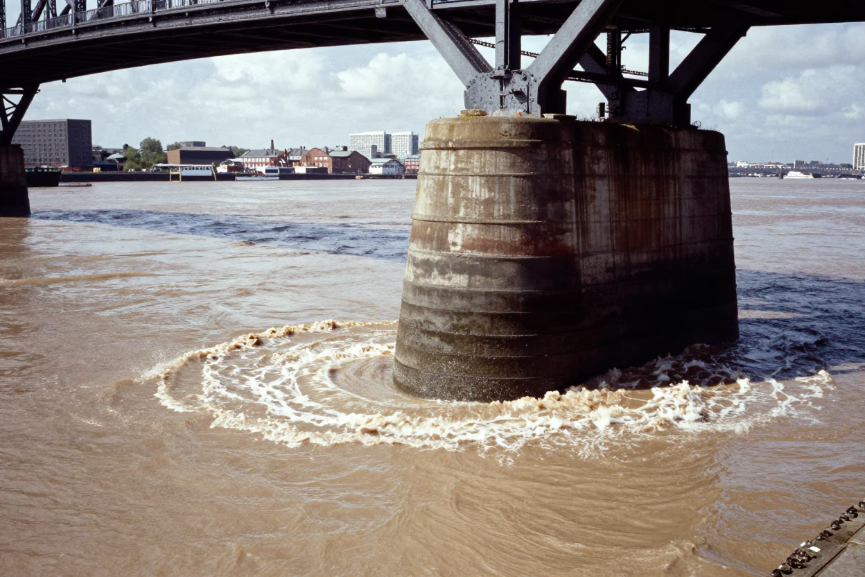Bristol Harbour Bridge Pier Base Swirling with Muddy Floodwater Under Flat Noon Glare in in Bristol, United Kingdom