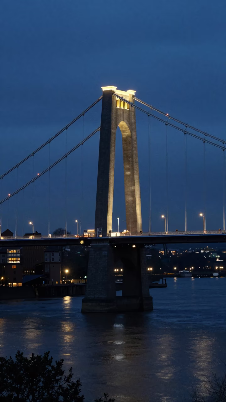Bristol Harbour Cable-Stayed Bridge Illuminated Against Predawn Darkness in in Bristol, United Kingdom