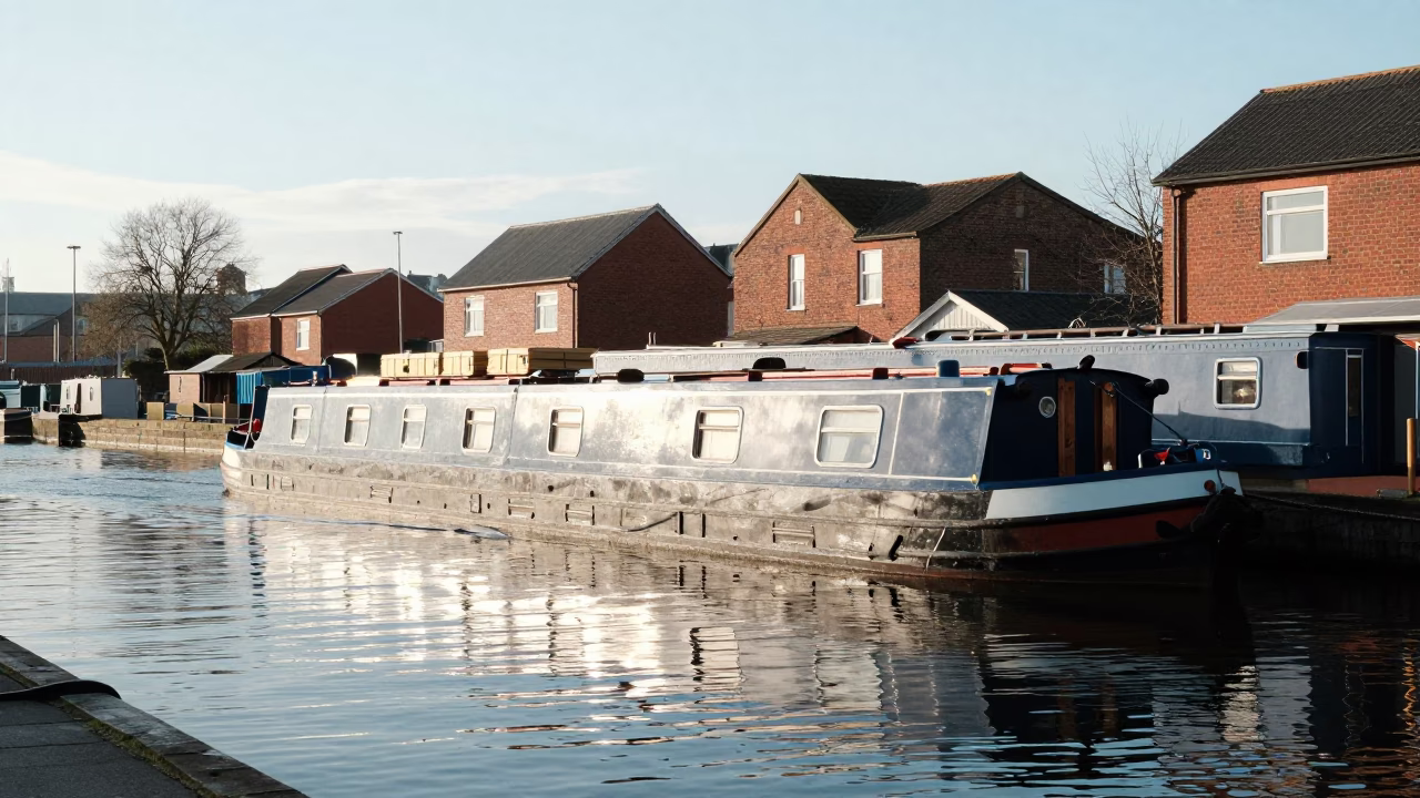 Bristol Harbour Canal Barge Cargo in Bright Midmorning Light United Kingdom in in Bristol, United Kingdom