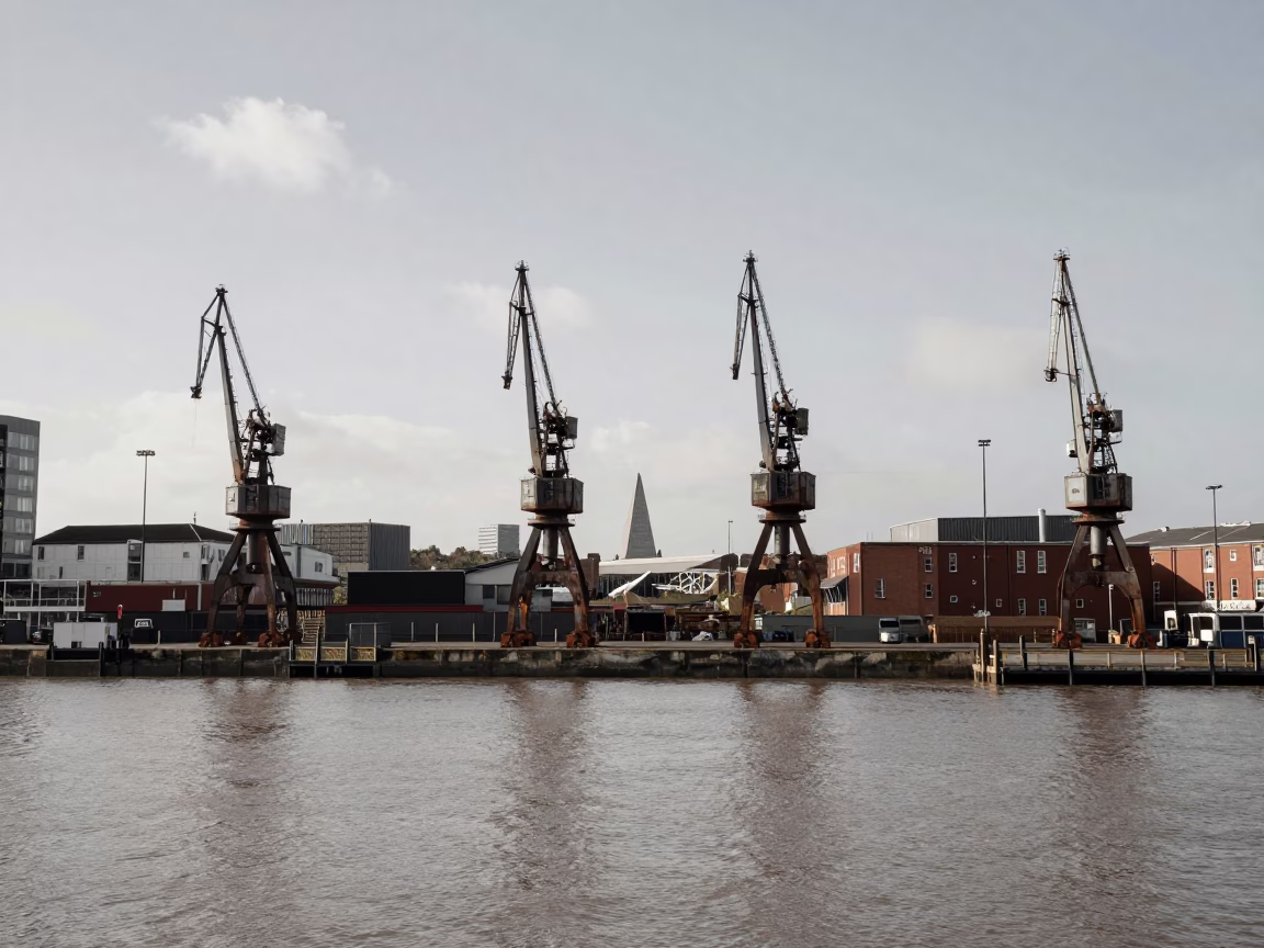 Bristol Harbour Crane and Waterfront Scene Under Flat Noon Light in in Bristol, United Kingdom