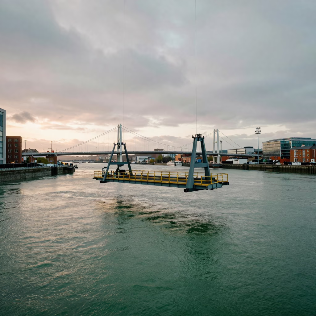 Bristol Harbour Dawn Bridge Maintenance Cradle Over Green Water Before Sunrise in in Bristol, United Kingdom