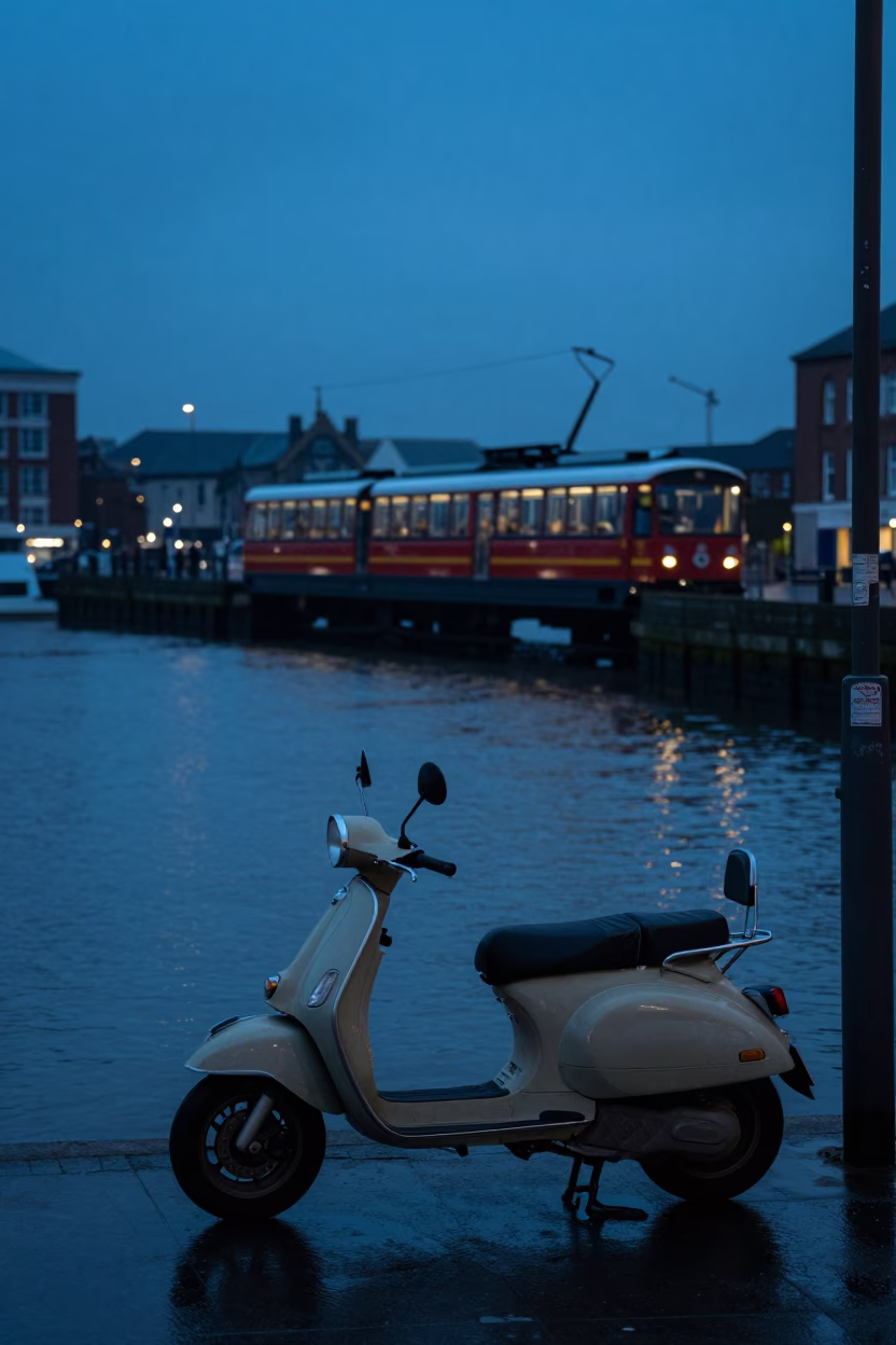 Bristol Harbour Dawn Funicular and Scooter in 1990s Urban Scene in in Bristol, United Kingdom