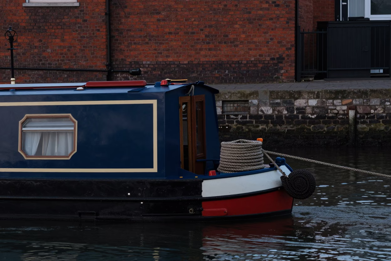 Bristol Harbour Dawn with Narrowboat and Coiled Rope in in Bristol, United Kingdom