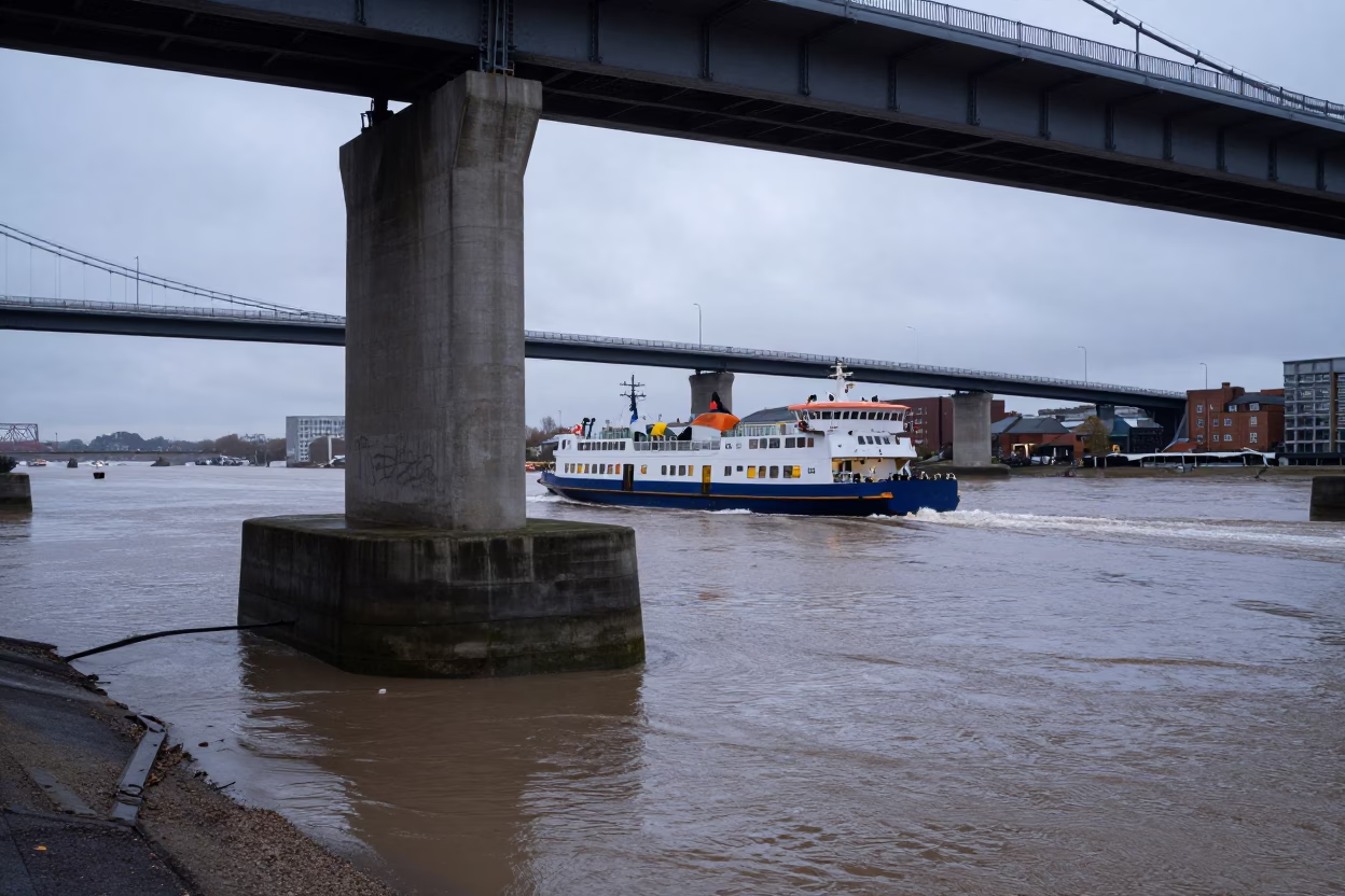 Bristol Harbour Early Evening Ferry Crossing Muddy Floodwater Bridge Pier in in Bristol, United Kingdom