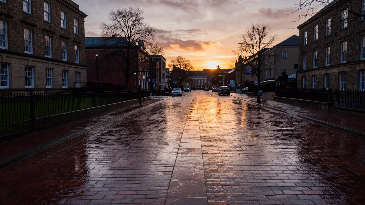 Bristol Harbour Evening Light Reflecting on Wet Brick Quads and Urban Pathways in in Bristol, United Kingdom